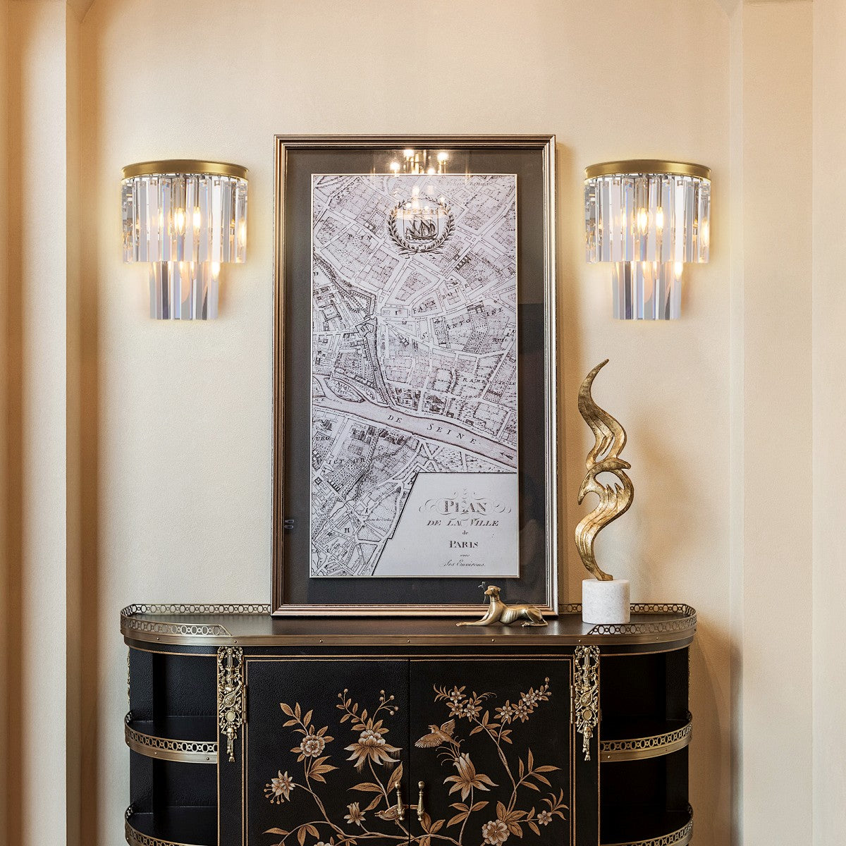 1920s Temdem 2-Tier Crystal Semi-Round Sconce