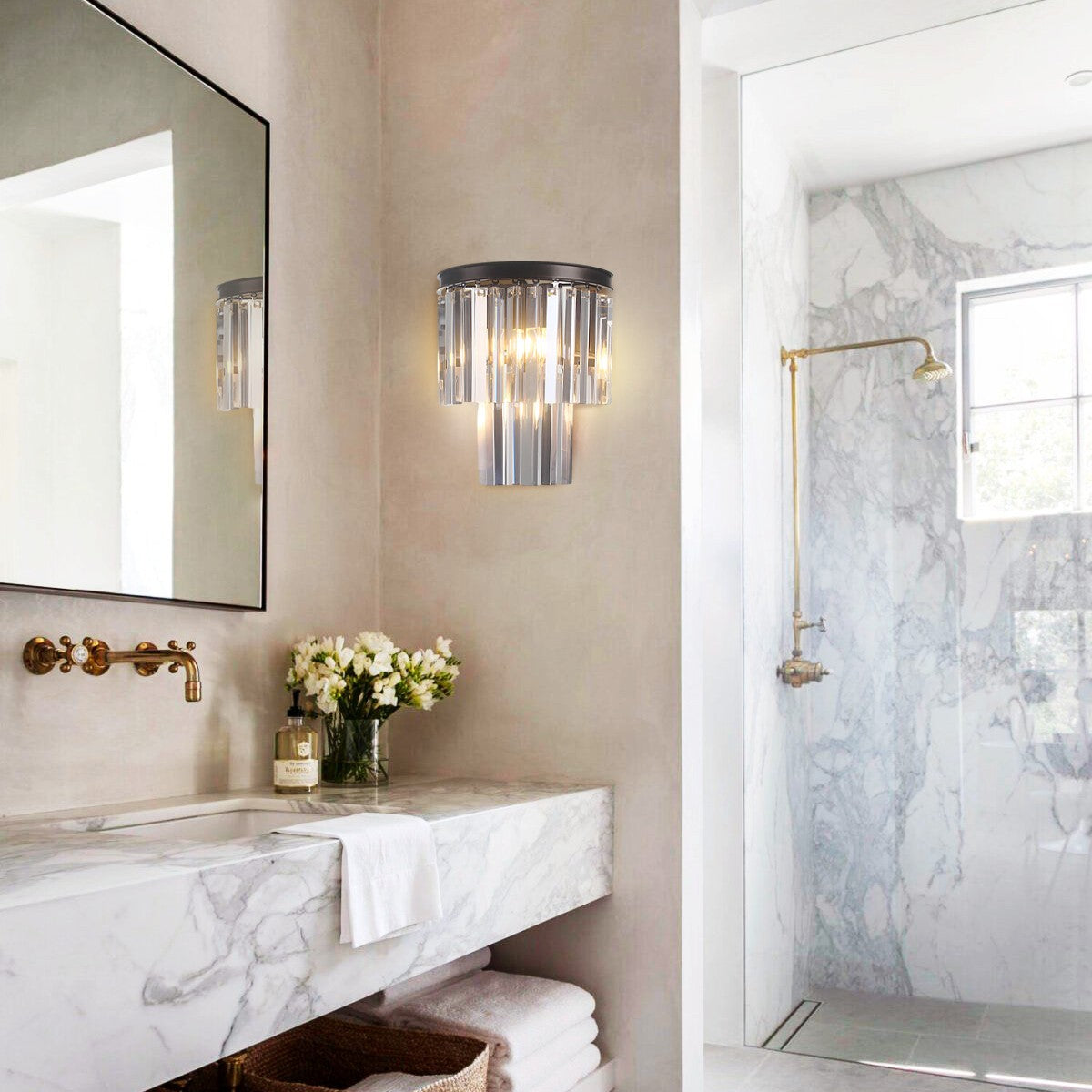 1920s Temdem 2-Tier Crystal Semi-Round Sconce