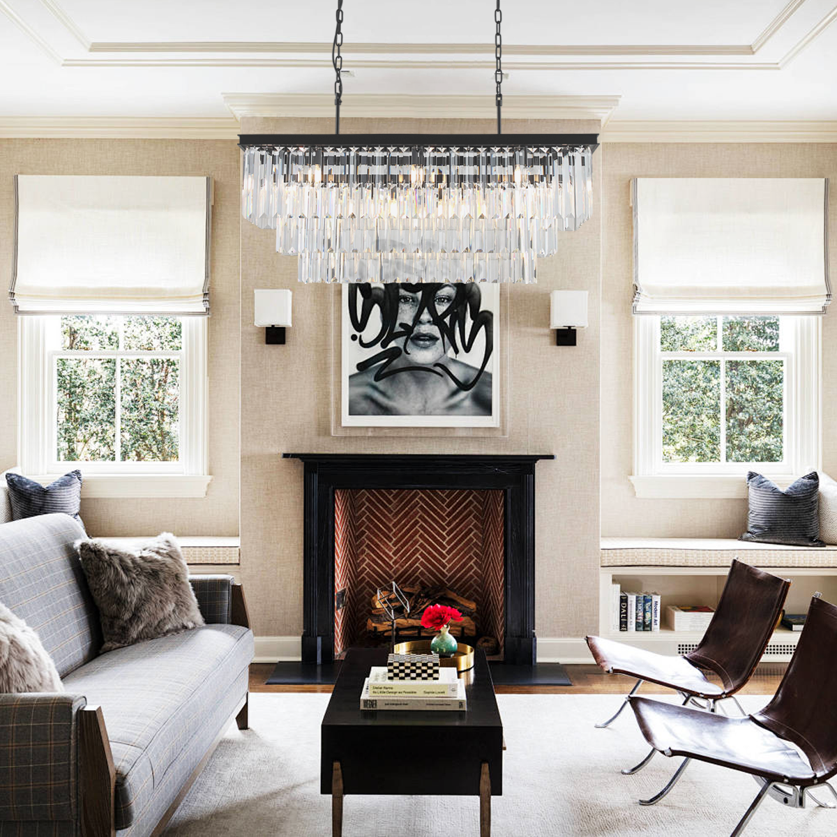 1920s Temdem 3-Tier Crystal Rectangular Chandelier