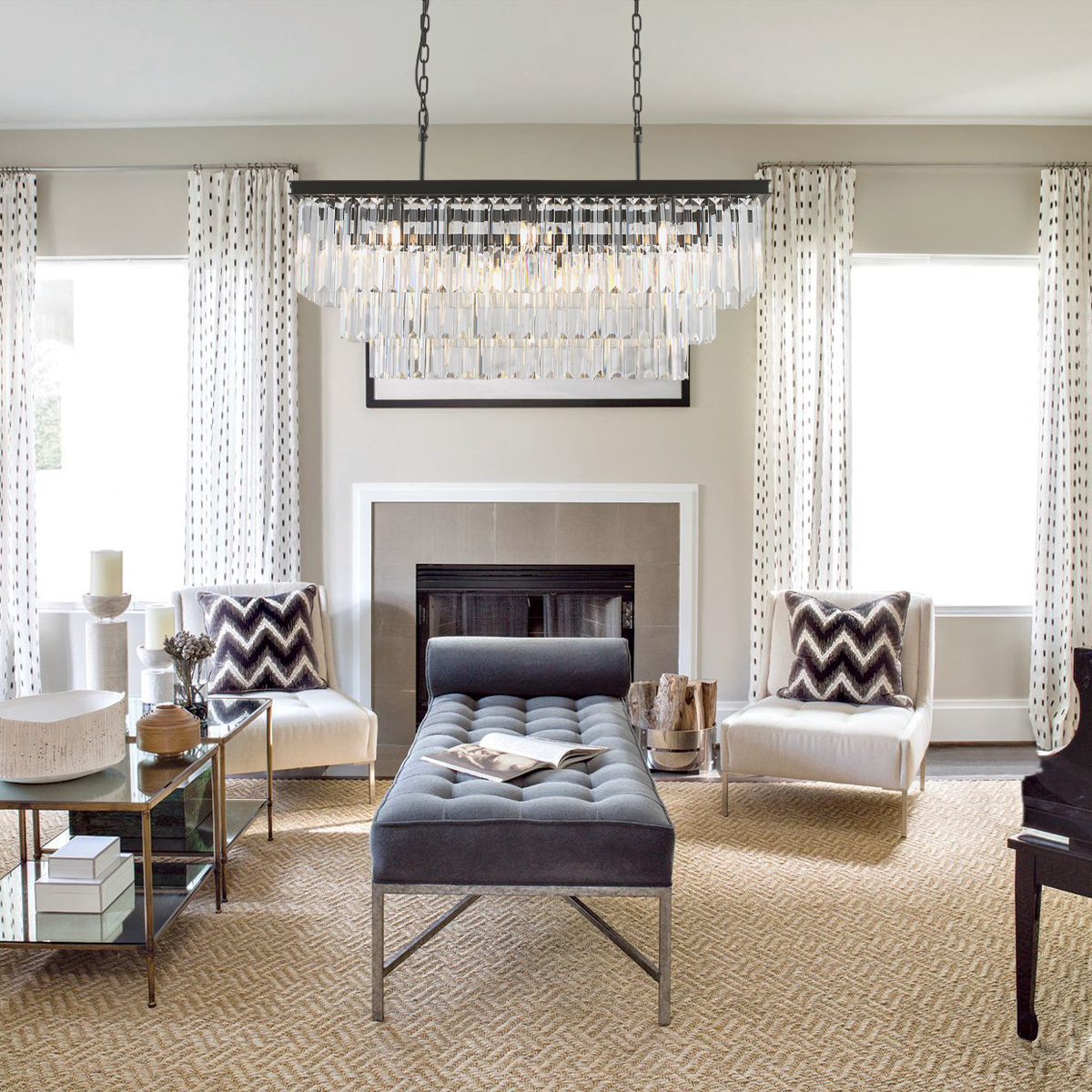 1920s Temdem 3-Tier Crystal Rectangular Chandelier