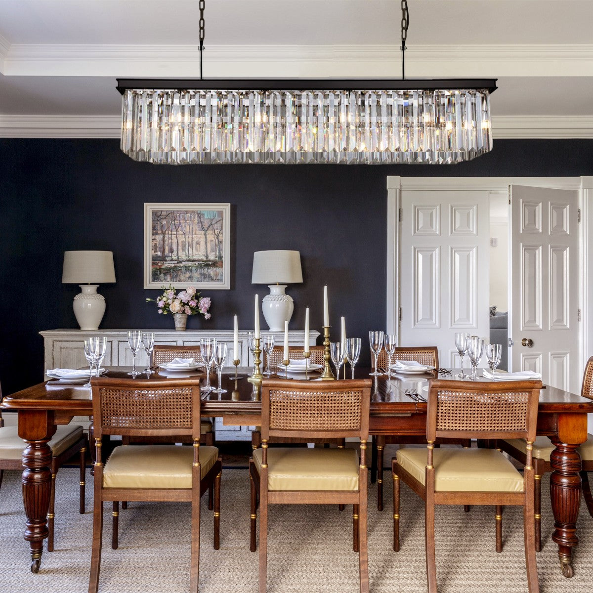 1920s Temdem Single-Tier Rectangular Crystal Rod Chandelier